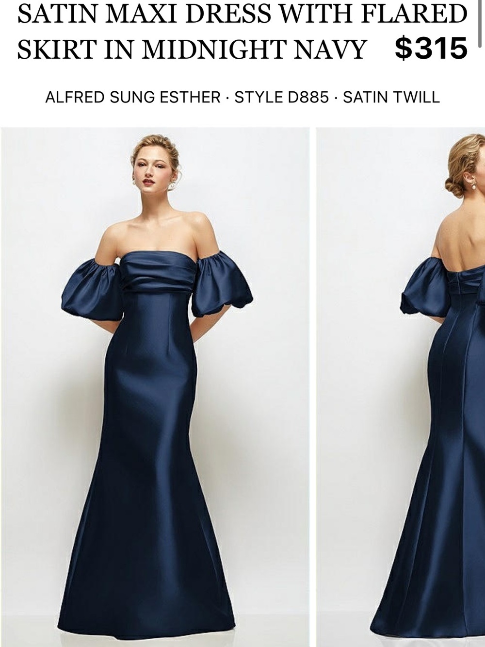 ALFRED SUNG Navy Satin Off-Shoulder Maxi Dress with Puff Sleeves